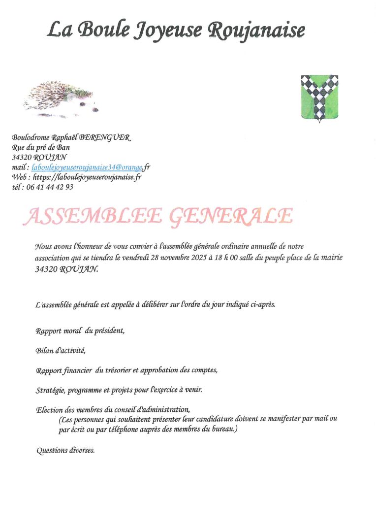 ASSEMBLEE GENERALE LA BOULE JOYEUSE ROUJANAISE